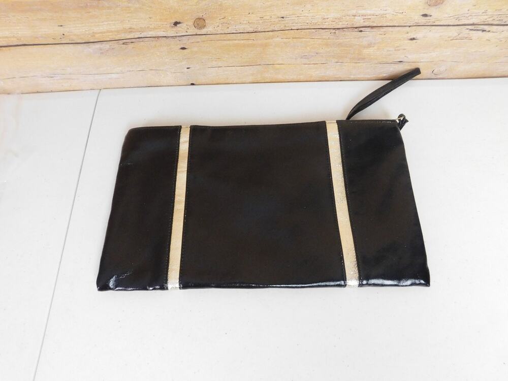 Shirl Miller Ltd. Black Patent Leather Clutch Gold Stripe Wristlet Bag USA